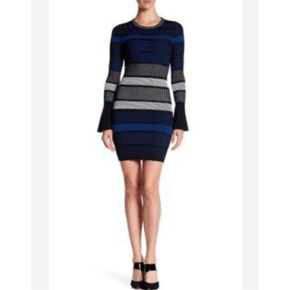 Alton Gray Bodycon Long Sleeve Striped Mesh Dress Size L - Picture 1 of 10